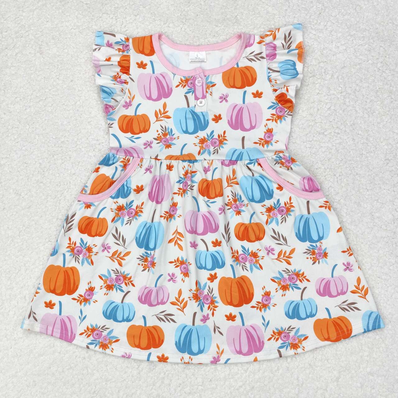 GSD1332 Pumpkin Flowers Print Pockets Girls Knee Length Fall Dress