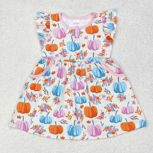 GSD1332 Pumpkin Flowers Print Pockets Girls Knee Length Fall Dress