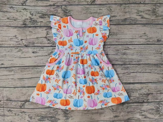 (Pre-order)GSD1332 Pumpkin Print Girls Knee Length Fall Dress