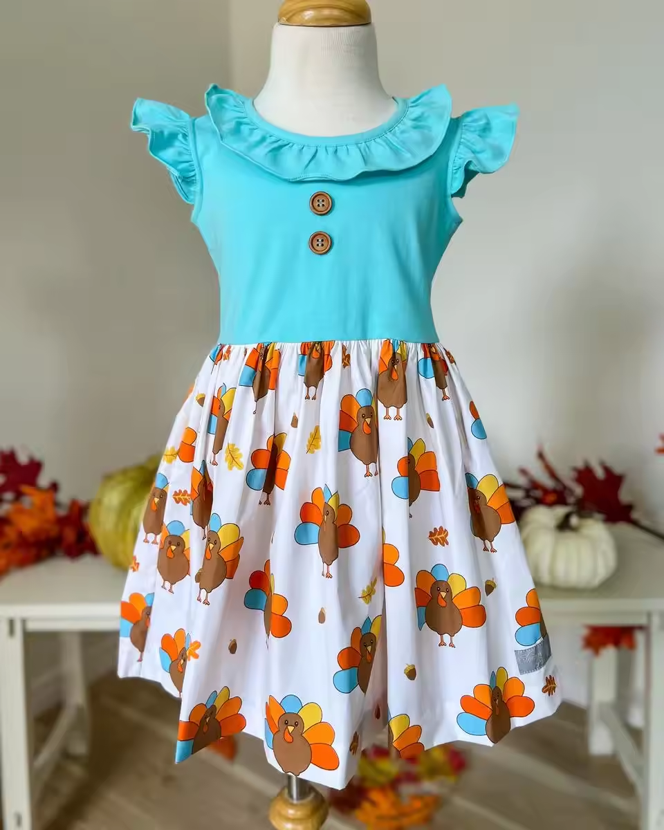 (Pre-order)GSD1333 Turkey Print Girls Knee Length Fall Dress