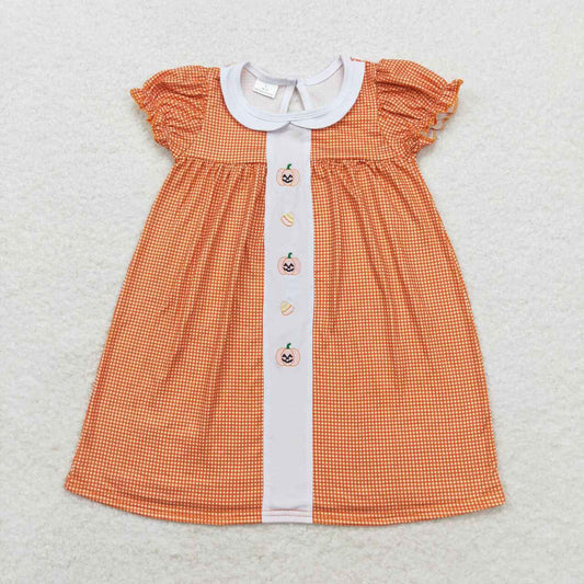 GSD1337 Pumpkin Candy Embroidery Plaid Print Girls Knee Length Halloween Dress