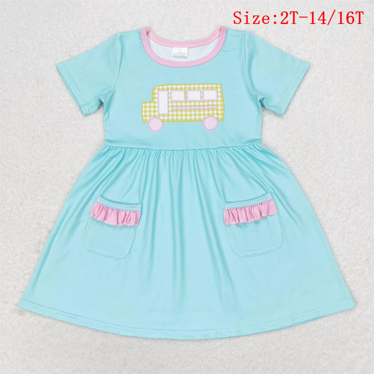 GSD1341 School Bus Print Girls Knee Length Back to School Pockets Dress