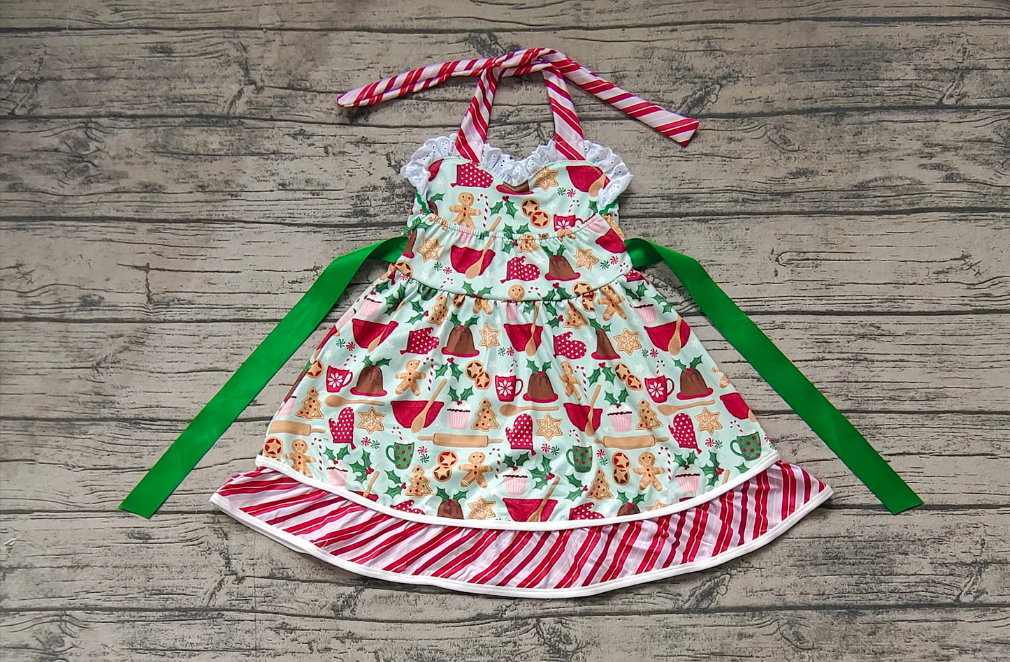 (Pre-order)GSD1344 Gingersnap Red Stripes Print Girls Knee Length Christmas Dress