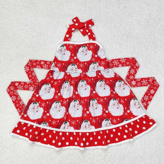 GSD1345 Santa Red Dots Print Girls Knee Length Christmas Halter Dress