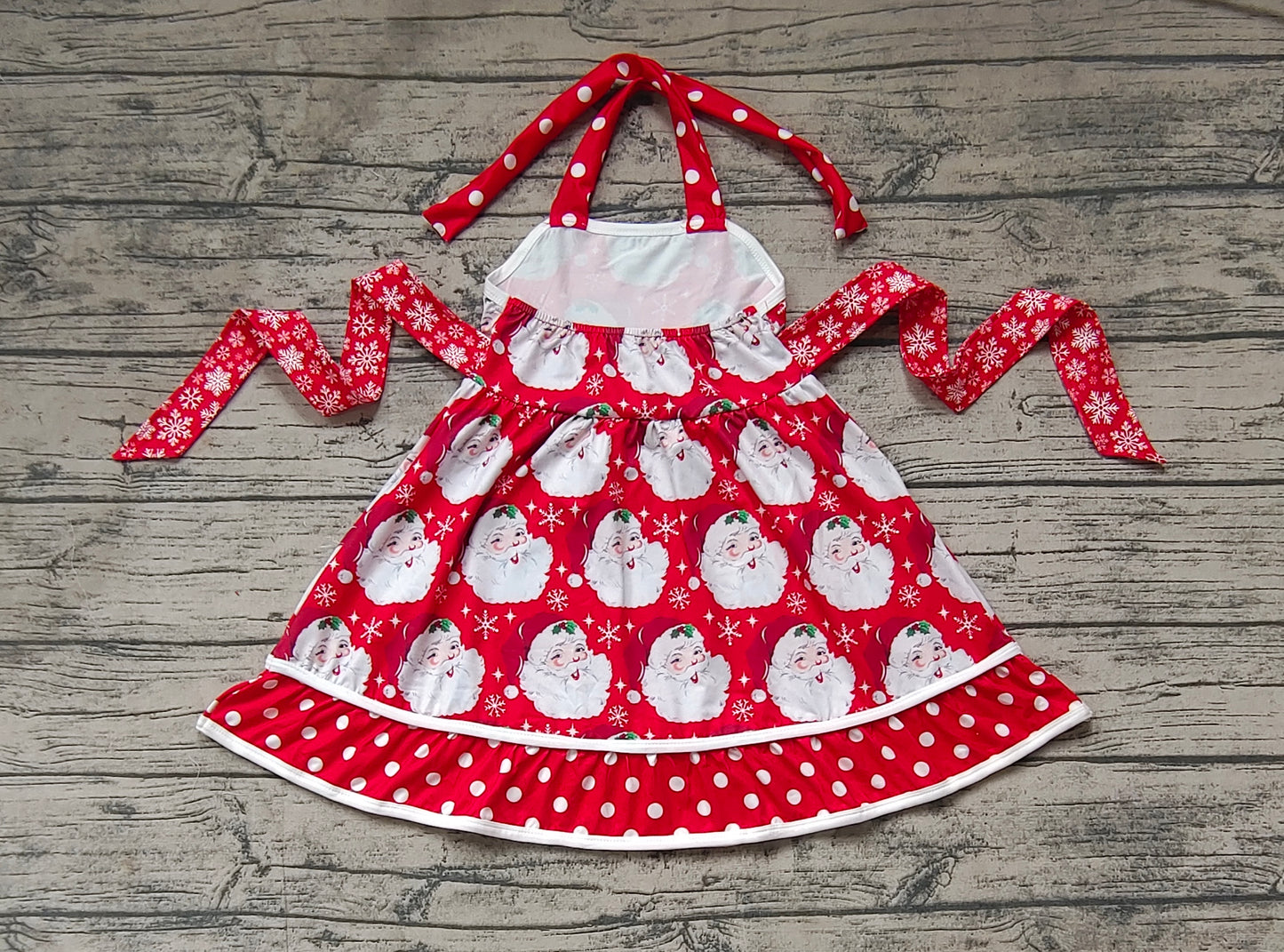 (Pre-order)GSD1345 Santa Red Dots Print Girls Knee Length Christmas Dress