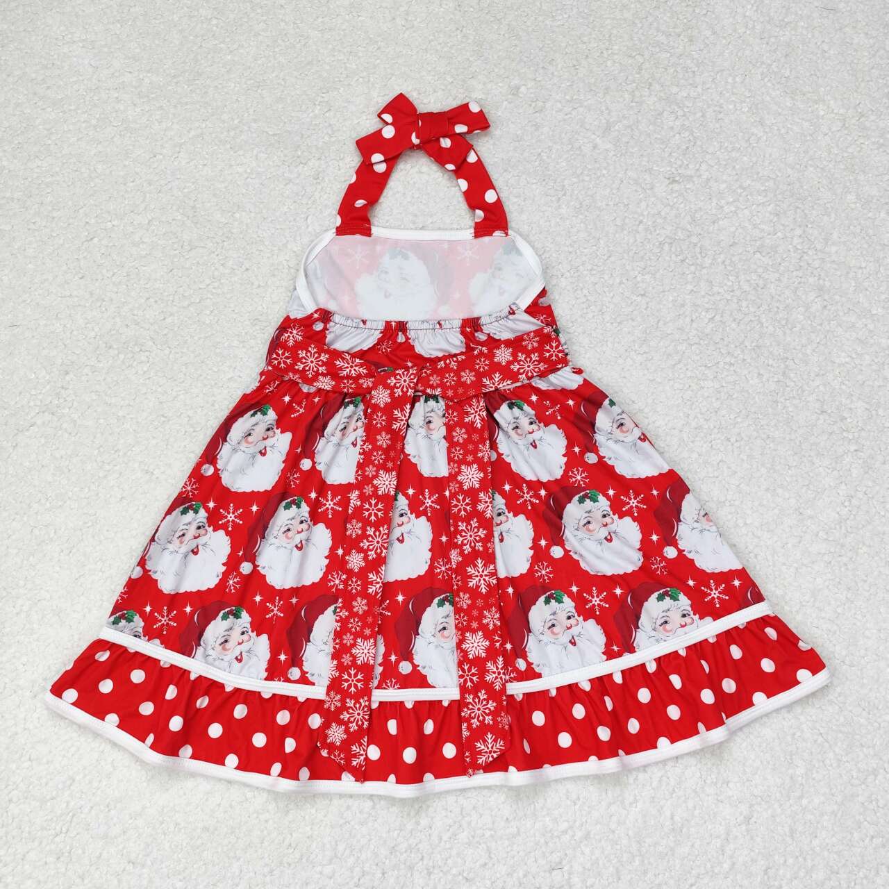 GSD1345 Santa Red Dots Print Girls Knee Length Christmas Halter Dress