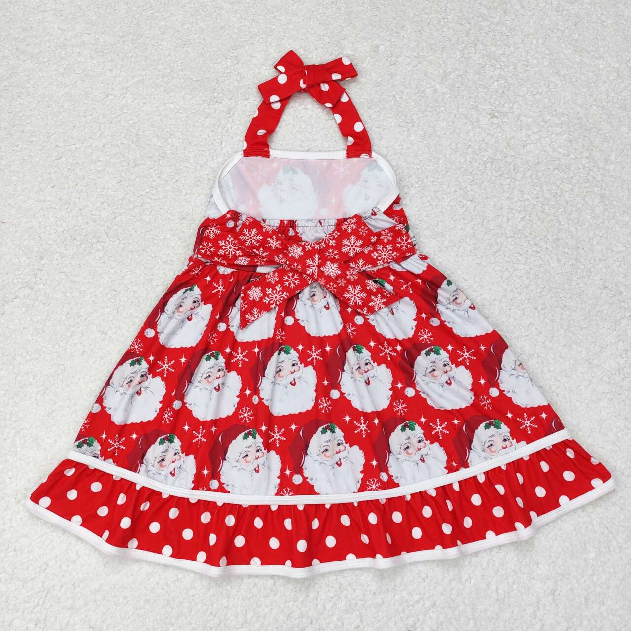 GSD1345 Santa Red Dots Print Girls Knee Length Christmas Halter Dress