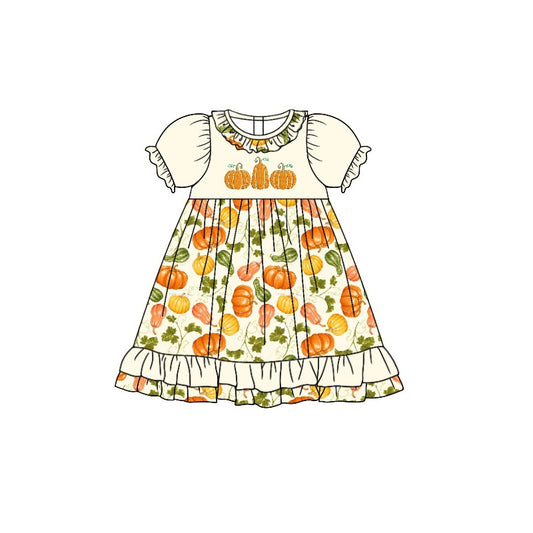 (Pre-order)GSD1346 Pumpkin Print Girls Knee Length Fall Dress