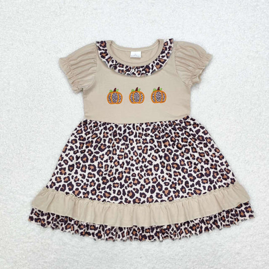 GSD1347 Pumpkin Embroidery Leopard Print Girls Knee Length Fall Dress