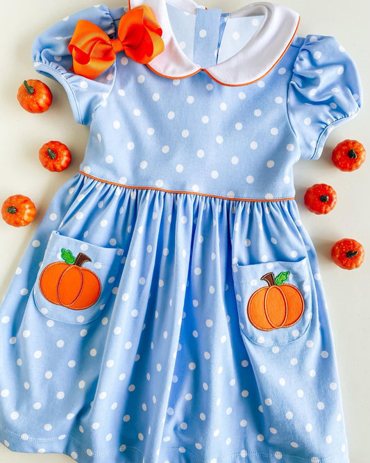 (Pre-order)GSD1348 Pumpkin Dots Print Girls Knee Length Fall Pockets Dress