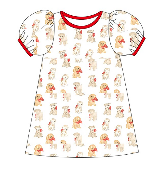 (Pre-order)GSD1357 Cute Dogs Print Girls Knee Length Summer Dress