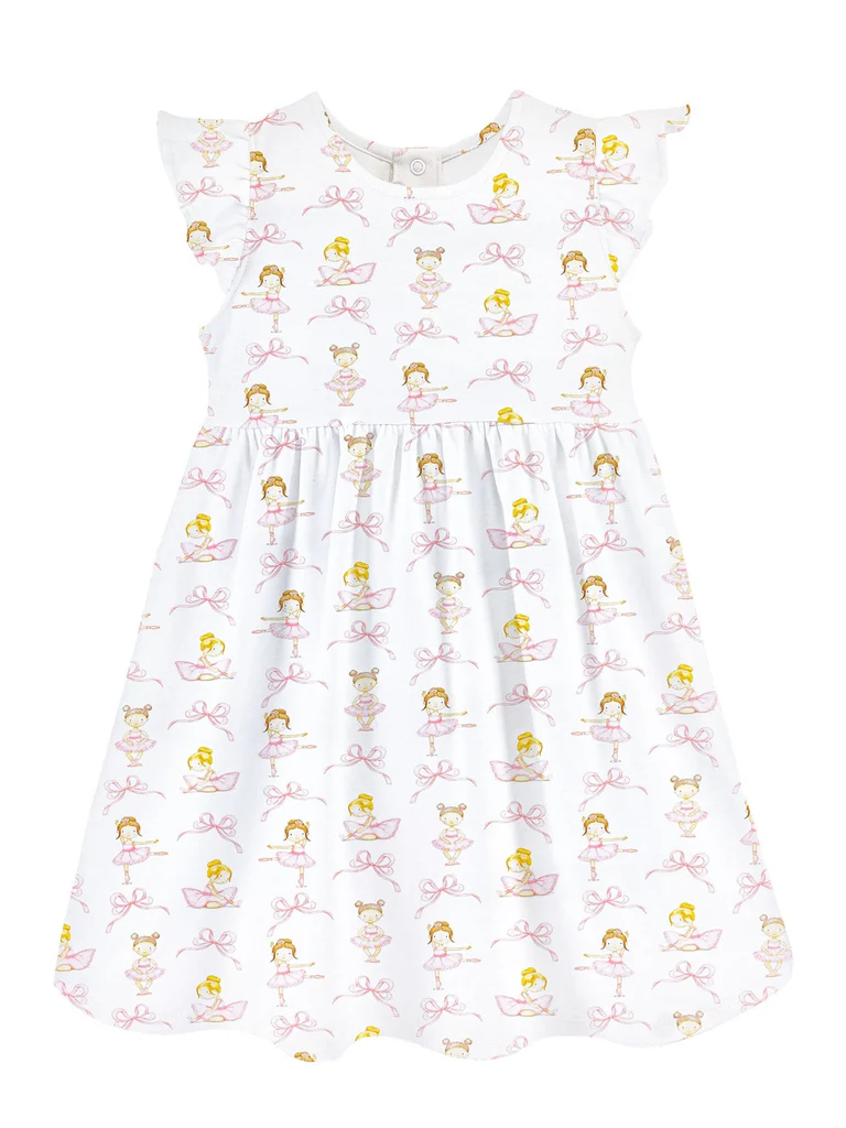 (Pre-order)GSD1372 Dancer Pink Bows Print Girls Knee Length Dress