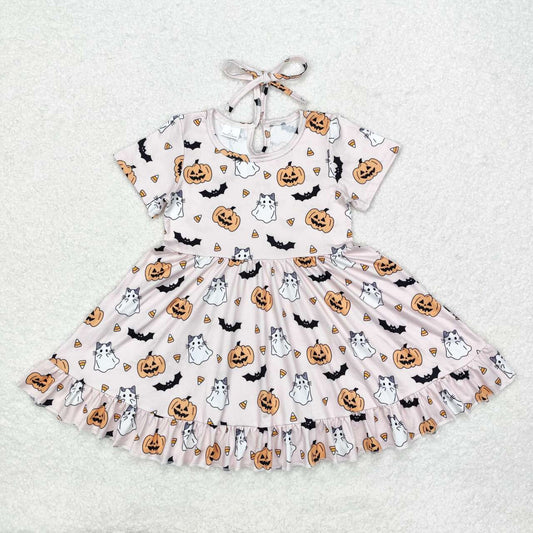 GSD1375 Ghost Pumpkin Candy Print Girls Knee Length Halloween Dress