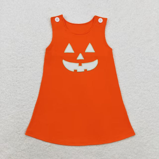 GSD1376 Orange Halloween Ghost Face Embroidery Girls Knee Length Halloween Dress