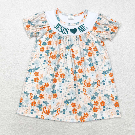 GSD1387 Jesus Love Me Embroidery Flowers Print Girls Knee Length Dress