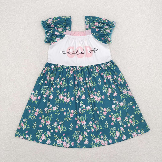 GSD1388 Child of GOD Green Flowers Print Girls Knee Length Dress