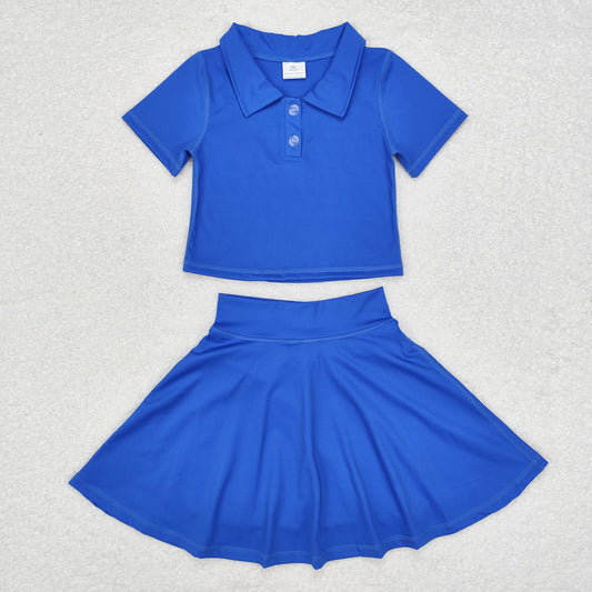 GSD1396 Blue Color Polo Top Skirts Active Wear Girls Athletic Clothes Set