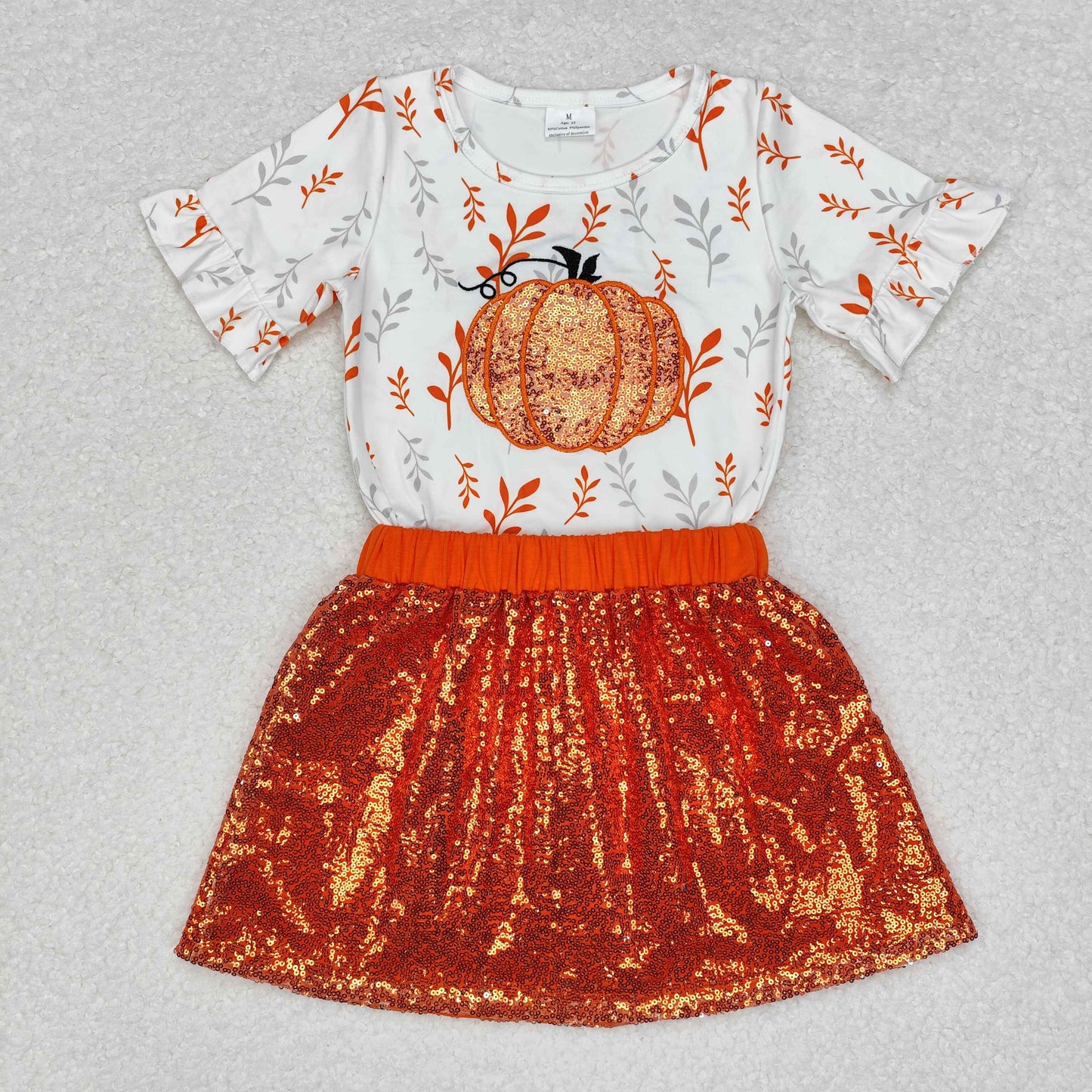 GSD1437 Pumpkin Embroidery Top Sequin Skirts Girls Fall Clothes Set