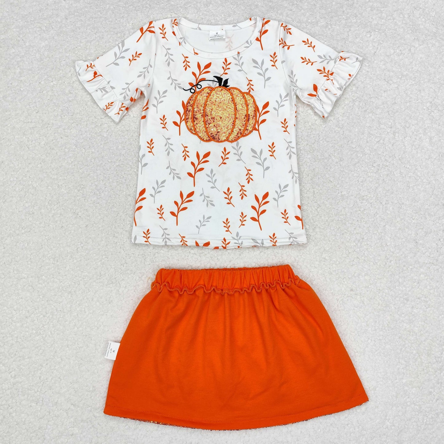 GSD1437 Pumpkin Embroidery Top Sequin Skirts Girls Fall Clothes Set