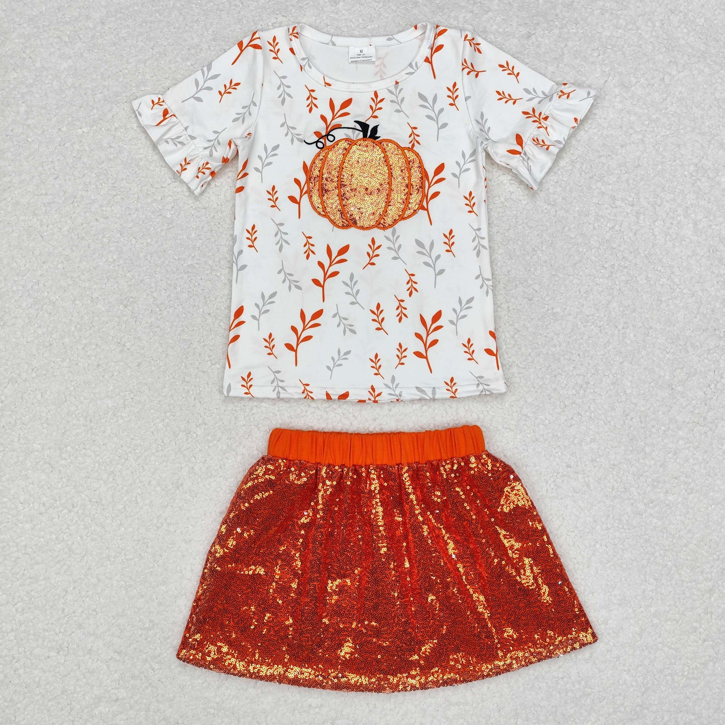 GSD1437 Pumpkin Embroidery Top Sequin Skirts Girls Fall Clothes Set