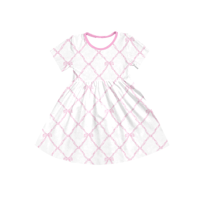 (Pre-order)GSD1408 Pink Bows Print Girls Knee Length Dress