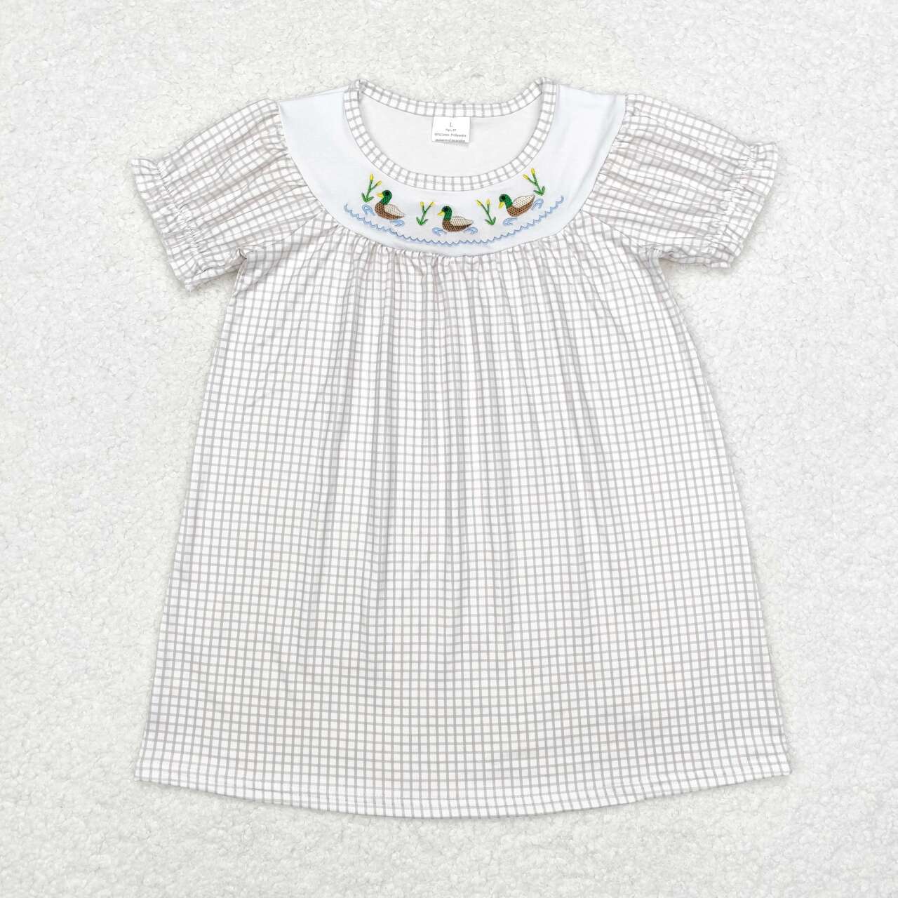 GSD1410 Duck Embroidery Plaid Print Girls Knee Length Dress