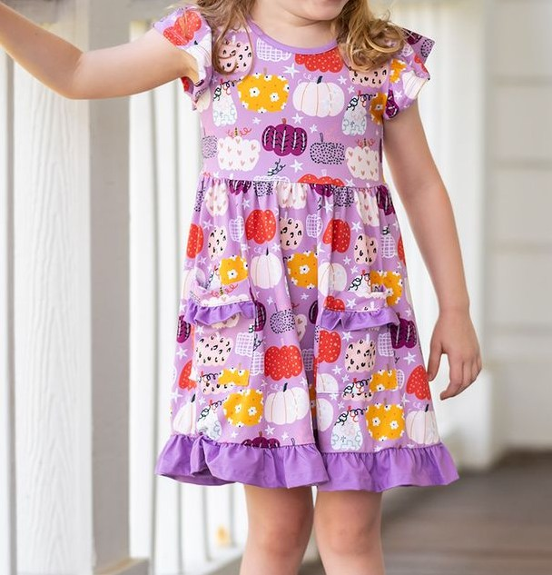 (Pre-order)GSD1416 Pumpkin Flowers Purple Print Girls Knee Length Fall Dress