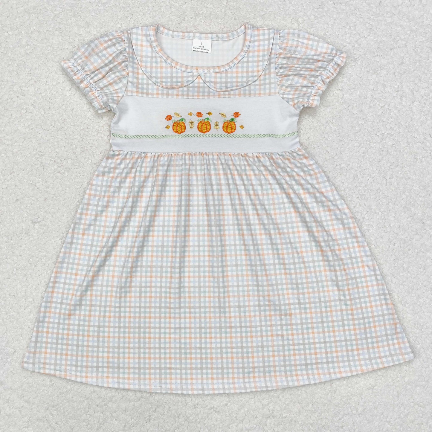 GSD1420 Pumpkin Embroidery Plaid Print Girls Knee Length Fall Dress