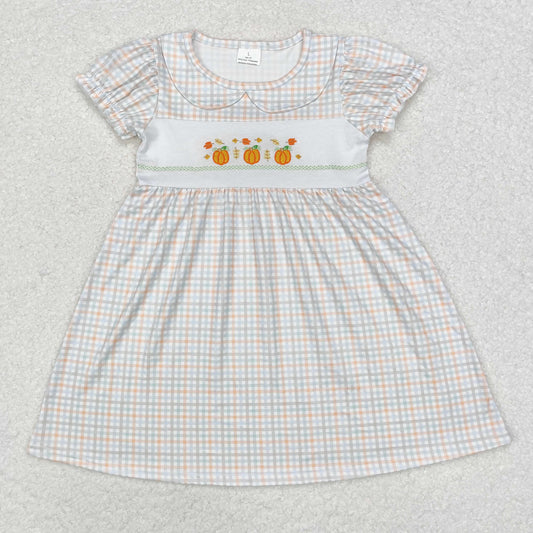 GSD1420 Pumpkin Embroidery Plaid Print Girls Knee Length Fall Dress