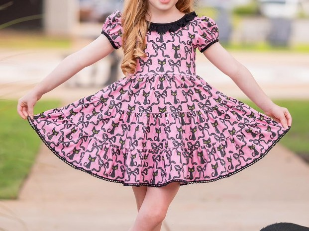 (Pre-order)GSD1427 Cat Bows Print Girls Knee Length Halloween Dress