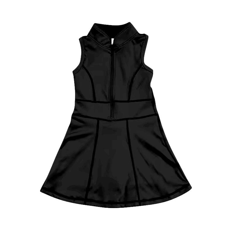 (Pre-order)GSD1428 Black Color Girls Knee Length Zipper Athletic Dress