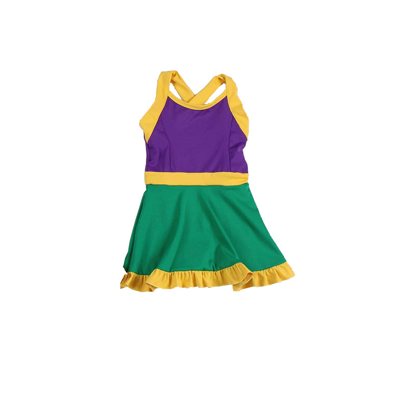 (Pre-order)GSD1431 Purple Green Yellow Color Girls Mardi Gras Knee Length Athletic Dress