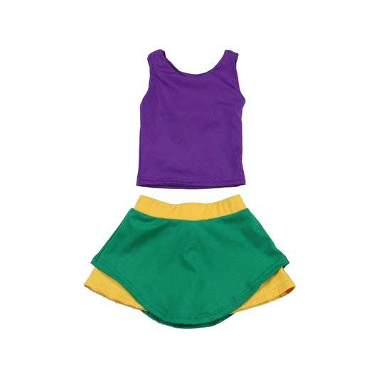 (Pre-order)GSD1432 Purple Top Green Yellow Skirts Girls Mardi Gras Athletic Clothes Set