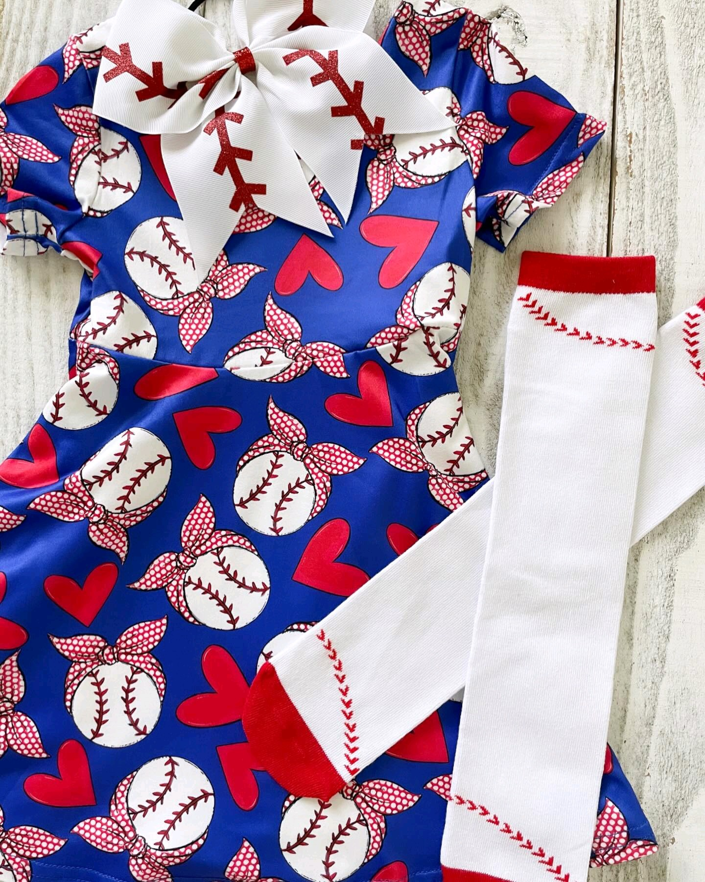 (Pre-order)GSD1435 Baseball Heart Print Girls Summer Knee Length Dress