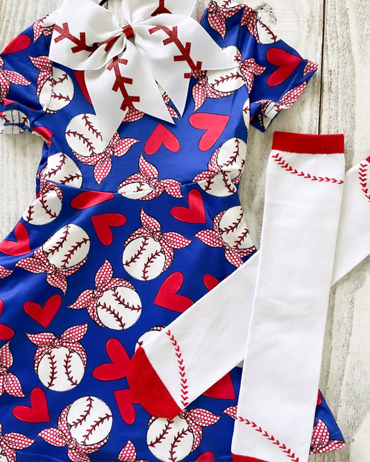 (Pre-order)GSD1435 Baseball Heart Print Girls Summer Knee Length Dress