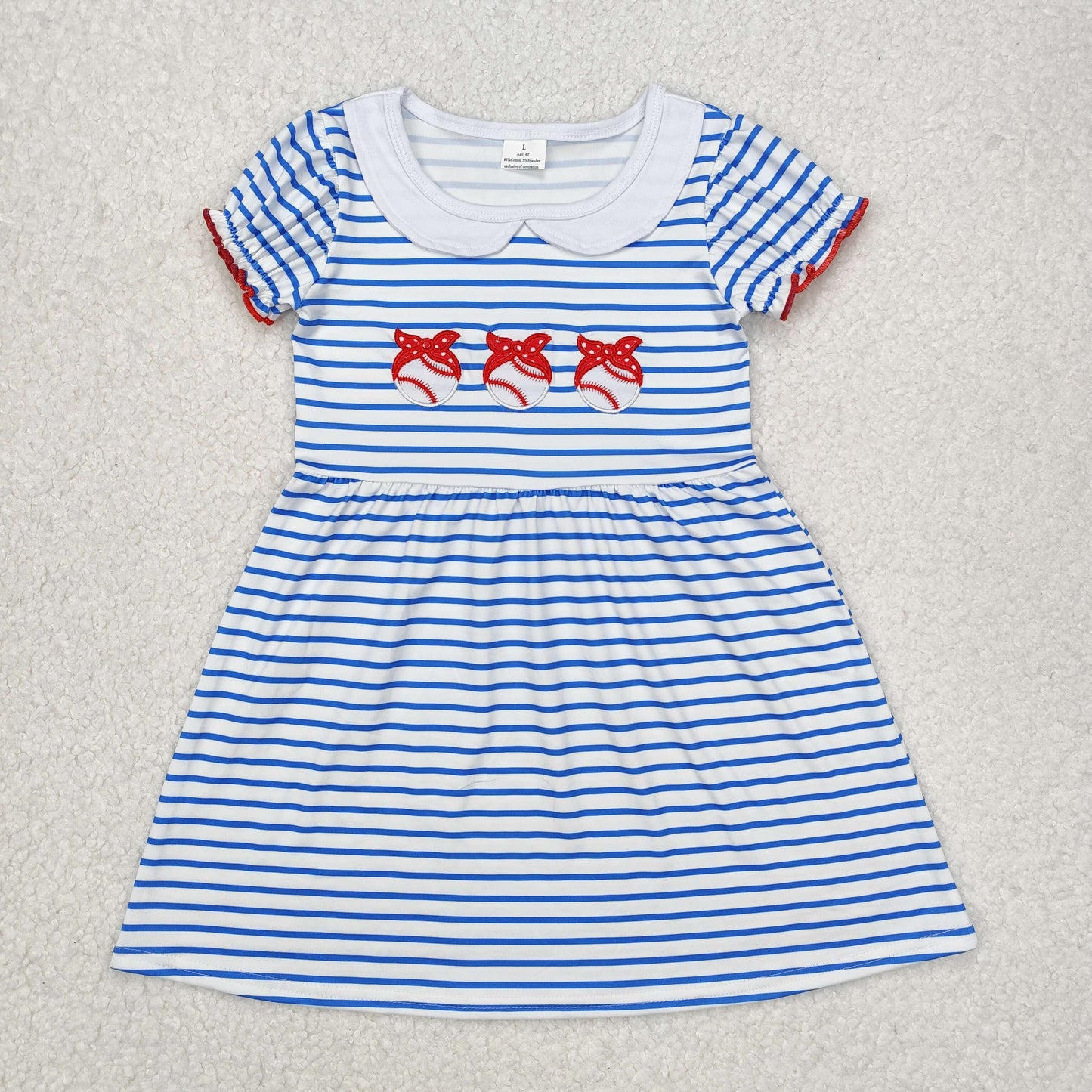 GSD1436 Baseball Embroidery Blue Stripes Print Girls Summer Knee Length Dress