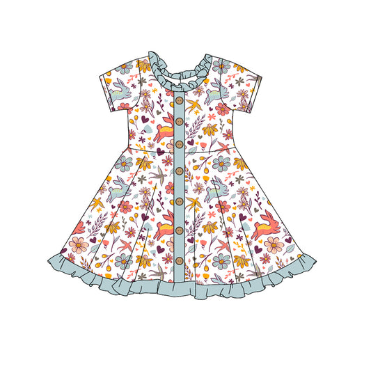 (Pre-order)GSD1445 Bunny Flowers Print Girls Easter Knee Length Dress