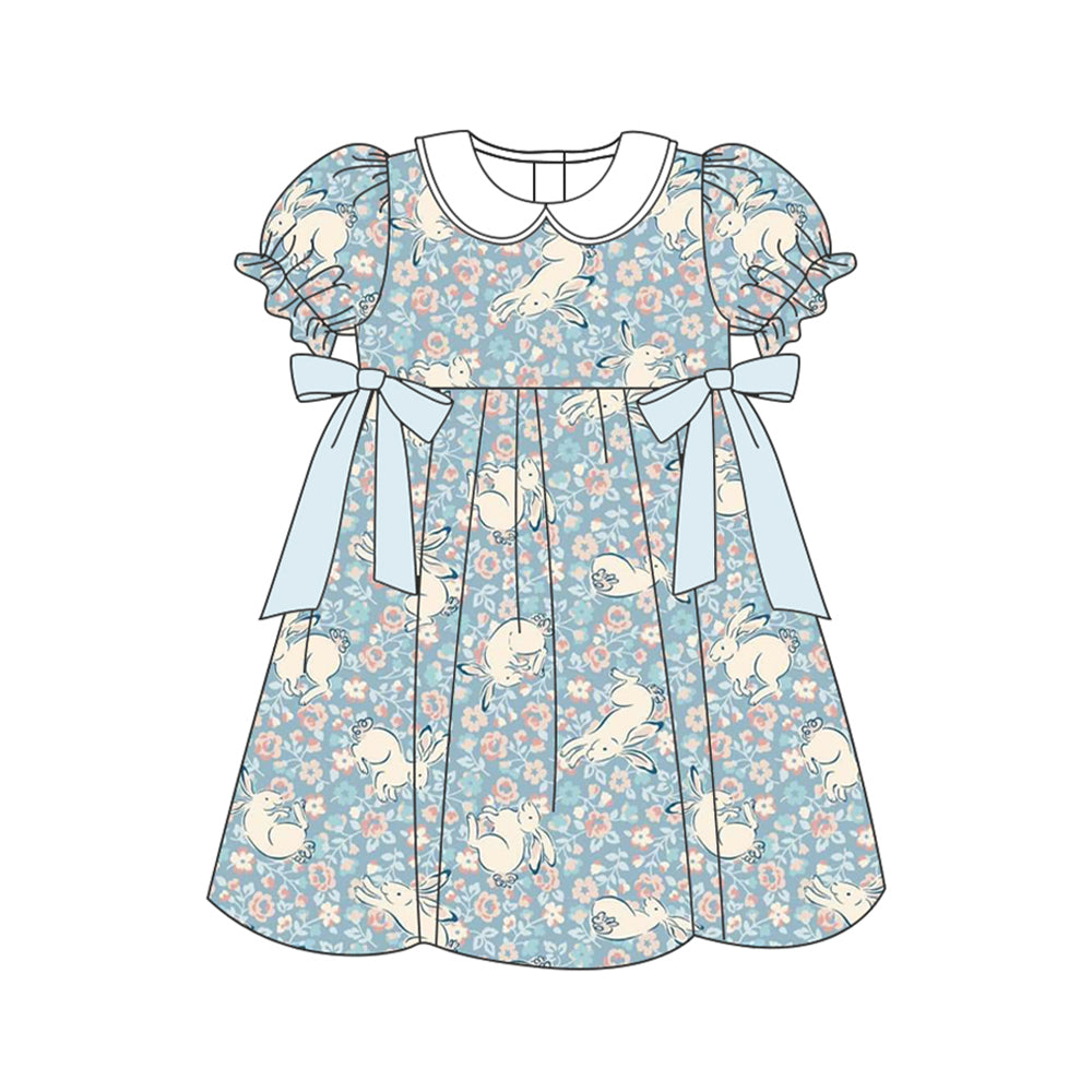 (Pre-order)GSD1446 Bunny Flowers Print Girls Easter Knee Length Dress