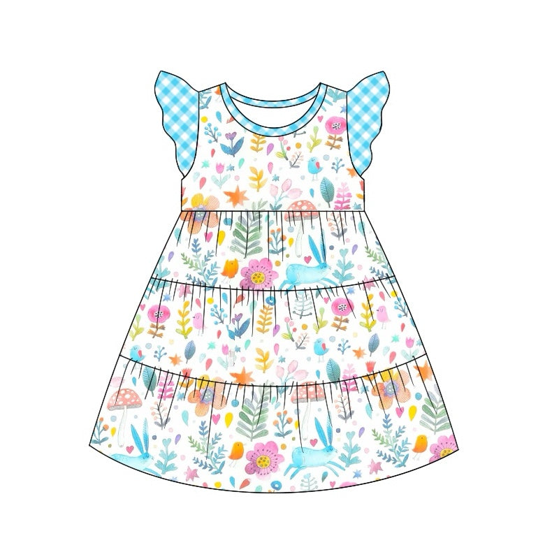 (Pre-order)GSD1447 Bunny Flowers Blue Print Girls Easter Knee Length Dress