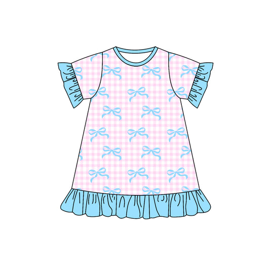 (Pre-order)GSD1448 Blue Bows Pink Plaid Print Girls Knee Length Dress