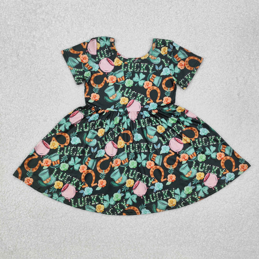 GSD1450 LUCK Flowers Hat Print Girls St. Patrick's Day Knee Length Dress