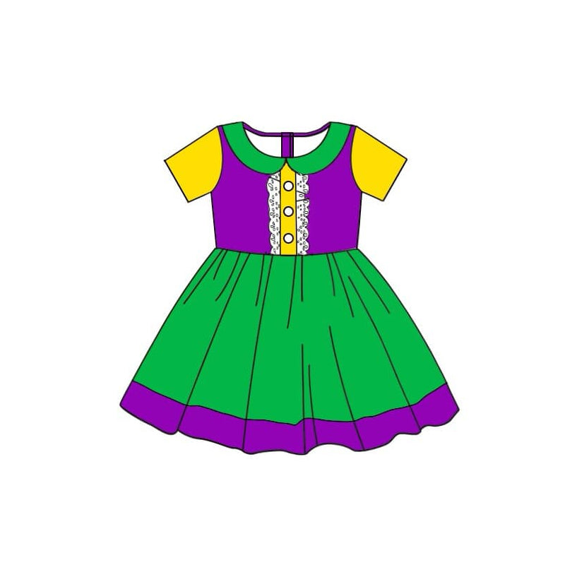 (Pre-order)GSD1454 Green Purple Yellow Color Girls Mardi Gras Knee Length Dress