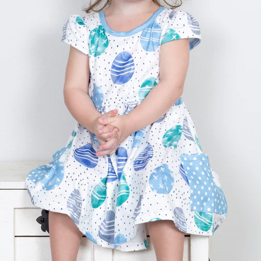 (Pre-order)GSD1459 Blue Eggs Print Girls Easter Knee Length Dress