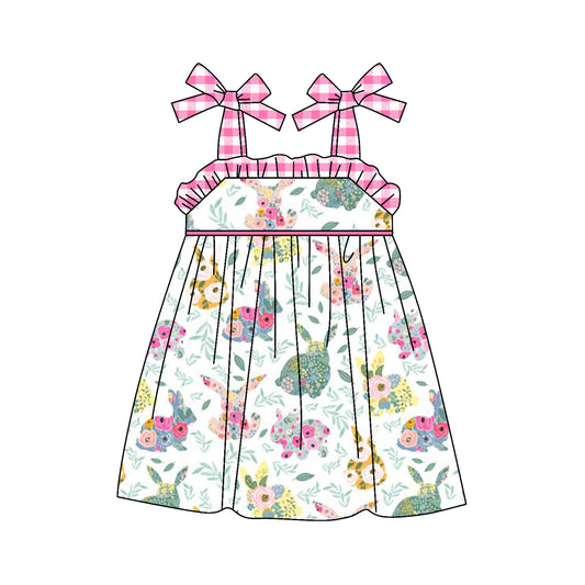 (Pre-order)GSD1460 Flowers Bunny Print Girls Easter Knee Length Dress