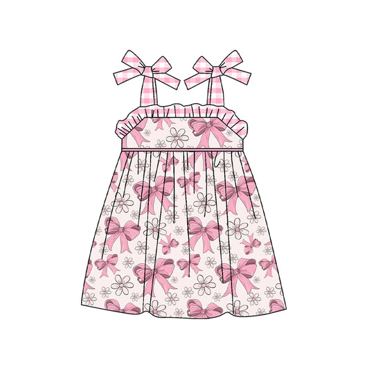 (Pre-order)GSD1461 Pink Bows Flowers Print Girls Summer Knee Length Dress