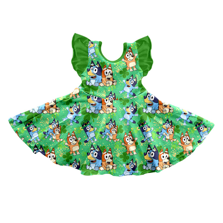 (Pre-order)GSD1464 Cartoon Dog Print Girls St. Patrick's Day Knee Length Dress