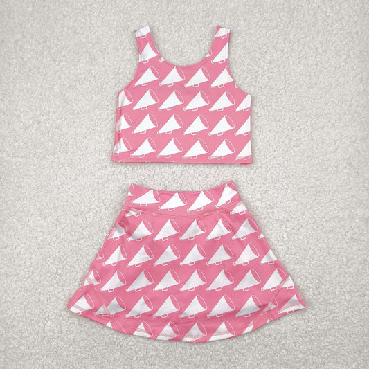 GSD1467  Cheer Pink Print Skirts With Shorts Girls Summer Yoga Clothes Set
