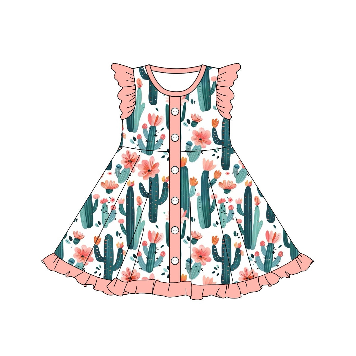 (Pre-order)GSD1471 Cactus Flowers Print Girls Summer Knee Length Dress