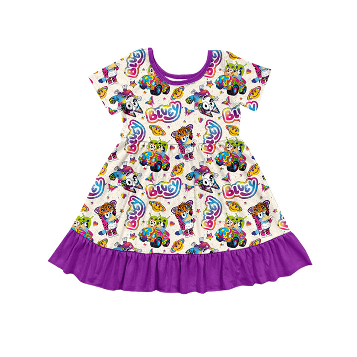 (Pre-order)GSD1472 Cartoon Dog Rainbow Lisa Print Girls Knee Length Dress
