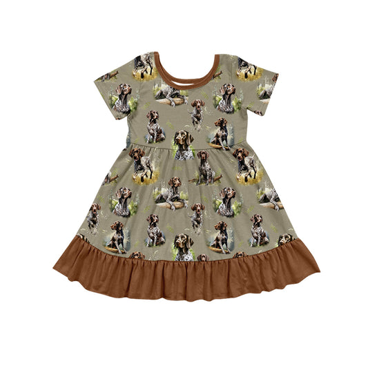 (Pre-order)GSD1475 Dog Brown Hunting Print Girls Knee Length Dress
